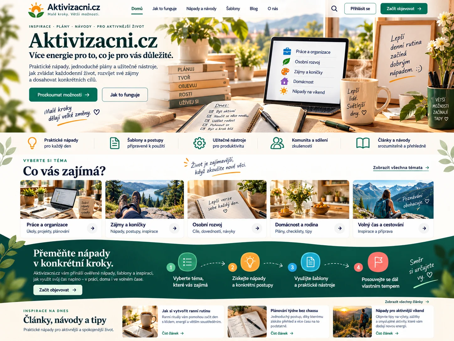 Ilustrační návrh inspiračního webu Aktivizacni.cz se zelenými prvky